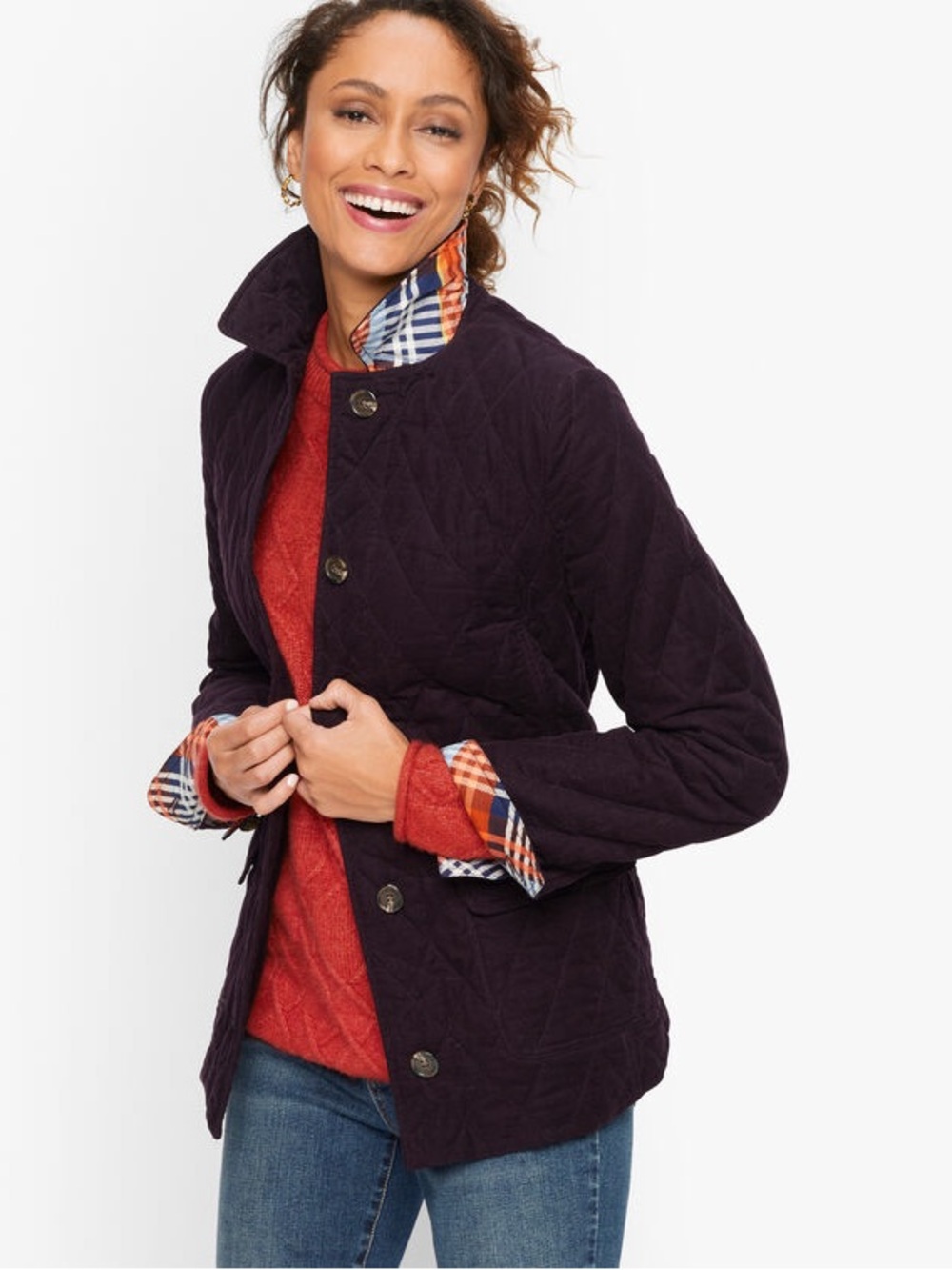 Talbots Quilted corduroy Utility Jacket in Deep Plum with Plaid Trim